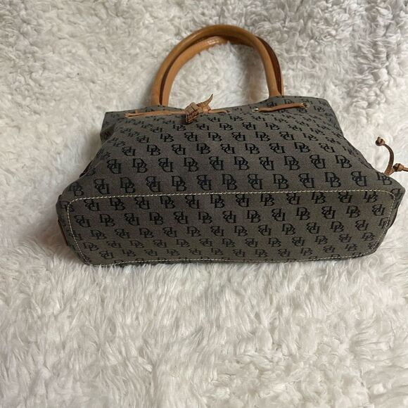 Dooney & Bourke small gray canvas logo tan leather straps and tassels.satchel. - Picture 7 of 12